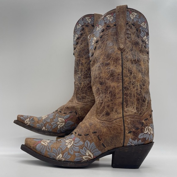 Dan Post Shoes - Dan Post Womens 10 Boots Daisy Blue Snip-Toe Cowboy Embroidered Floral Brown